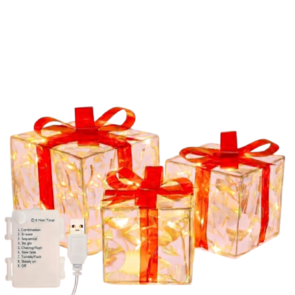 Kerstcadeaudoosjes met lichtsnoer en warm licht - 3 decoratieve cadeaudozen met 8 functies en timer
