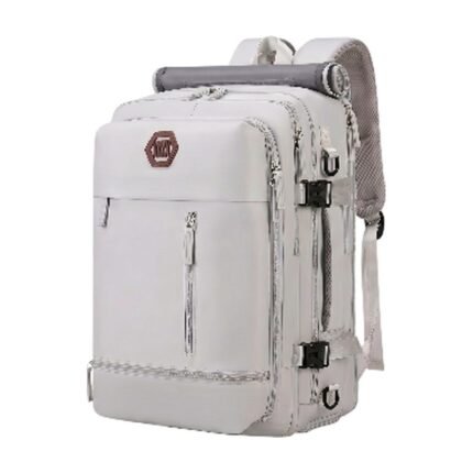 Rugzak voor handbagage in zilvergrijs, zeeblauw, lichtpaars, zwart en wit met laptopvak en USB-poort