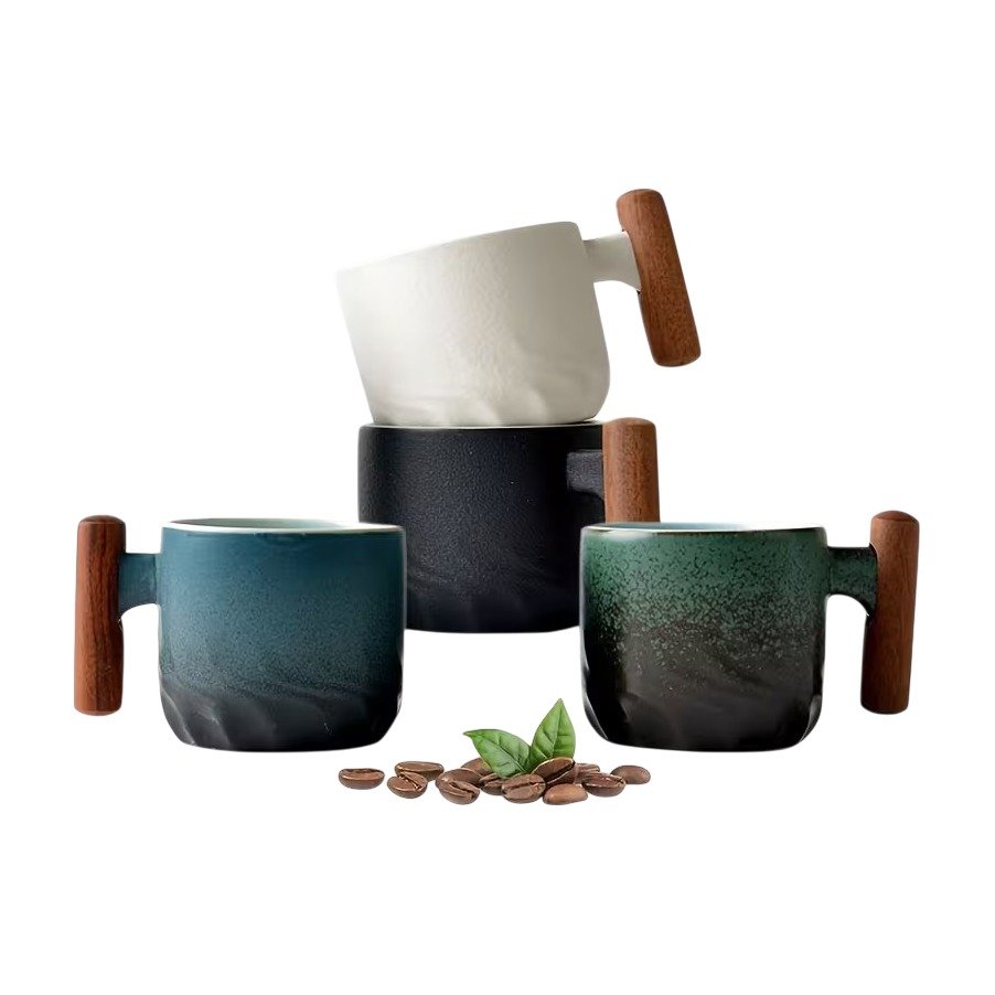 Espressokopjes van keramiek met houten handvat – 2 st. Espressokopjes van keramiek met houten handvat – 2 st.