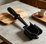 Zwart hakmes op een stenen keukentafel naast een houten plank