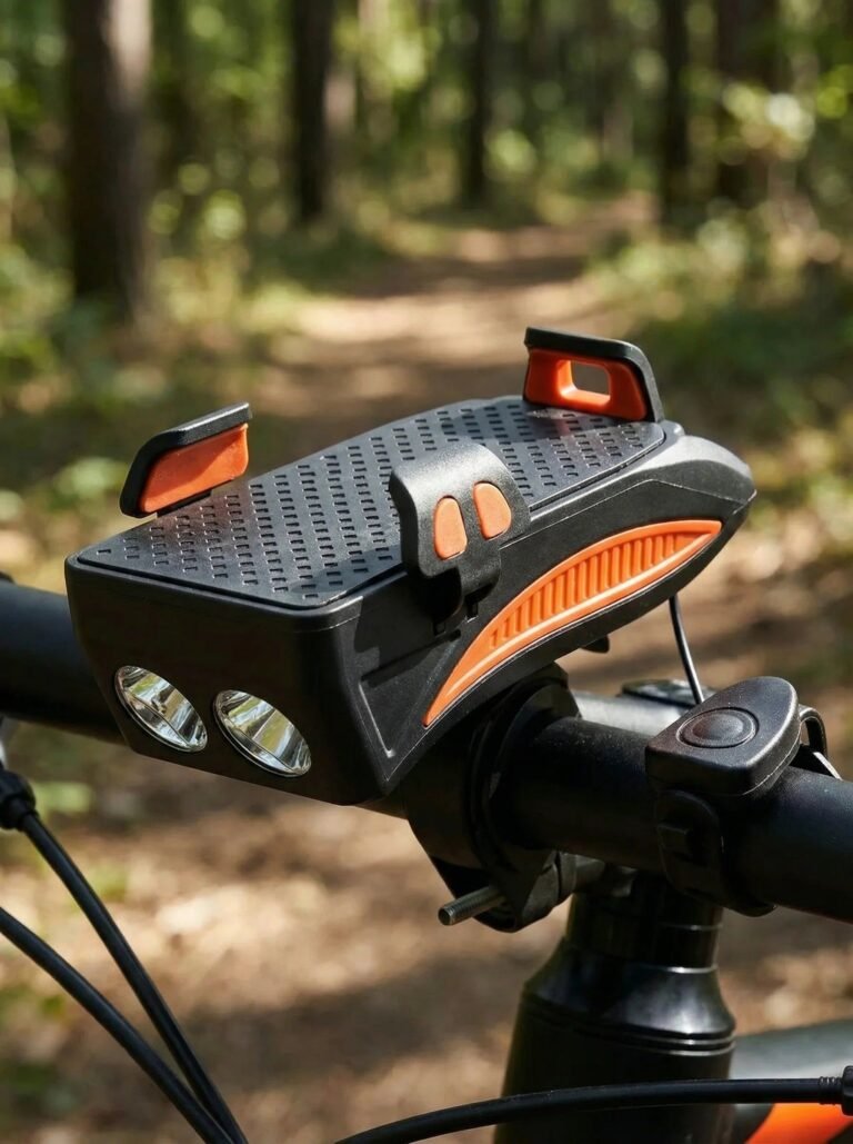 Fietslamp met telefoonhouder en powerbank op het stuur van een mountainbike op een bospad