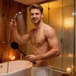 Zwarte siliconen rugscrubber vastgehouden in een badkamerdouche