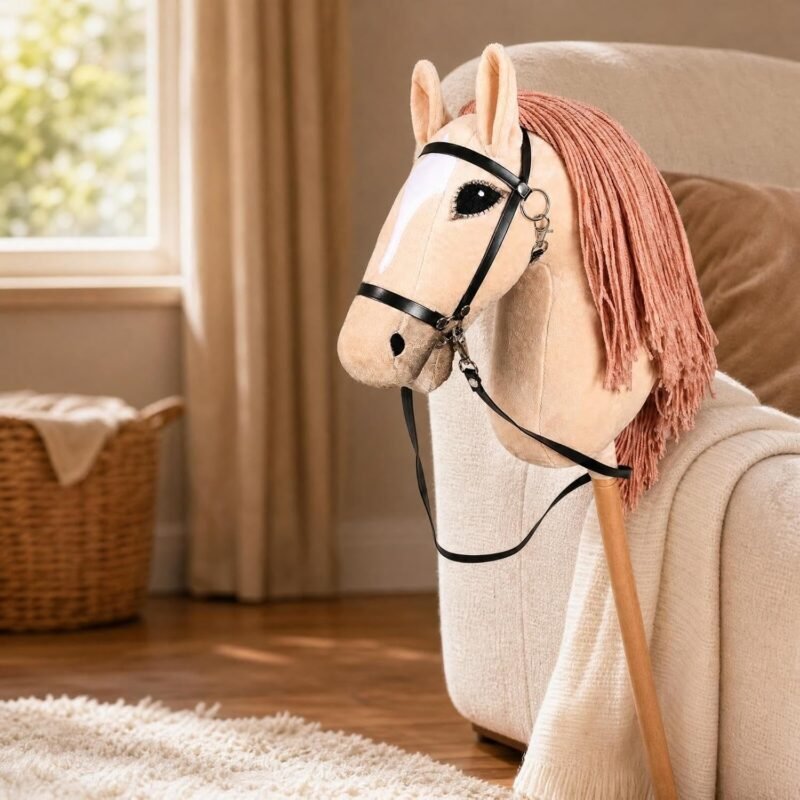 Palomino stokpaard met koraalkleurige manen tegen een fauteuil in een woonkamer