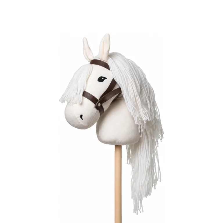 By Frida wit stokpaard met lange witte manen en bruin halster op een houten stok