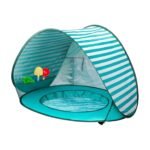 Strandtent voor kinderen met pierenbadje in turquoise en wit met UV-bescherming en schaduw voor spelen bij het water