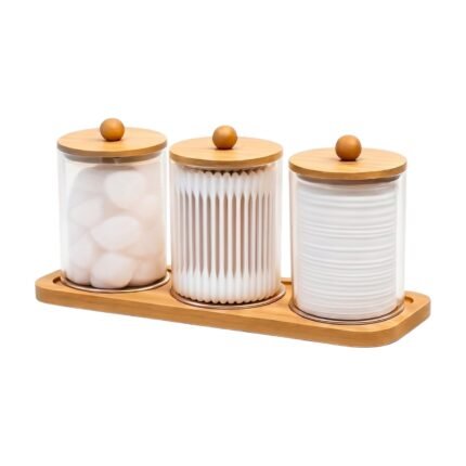 Wattenstaafjeshouder set – 3 acryl potjes met bamboe deksels op een bamboe dienblad voor opberging in de badkamer
