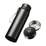 Thermosfles met thermometer zwart met digitale temperatuurweergave, zeefje en draagriem voor koffie en thee