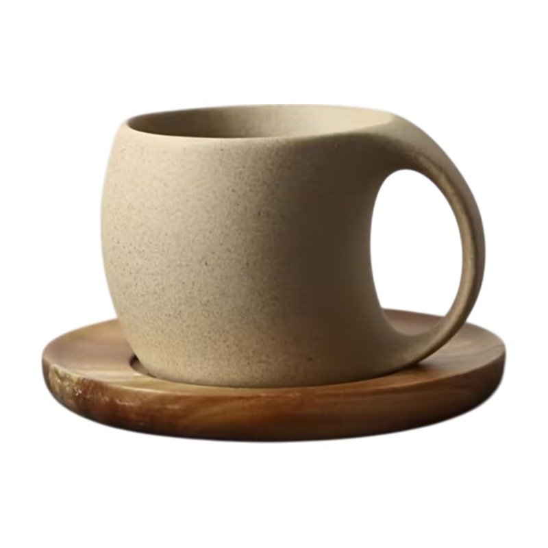 Keramische koffiemok met schotel van acaciahout