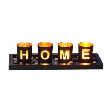 Kandelaarset met HOME-letters en houten dienblad – 4 delen