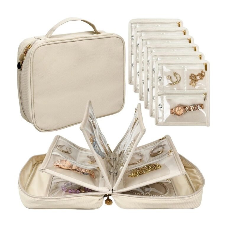 Reisetui voor sieraden met 6 transparante insteekpagina's – beige